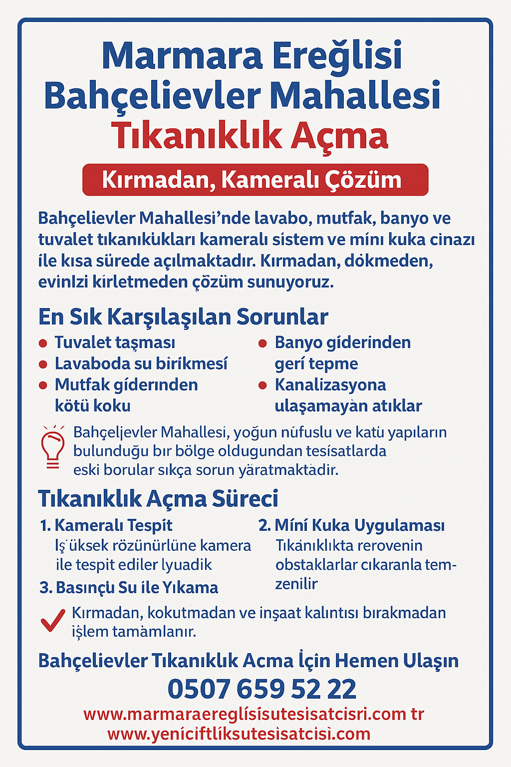 Marmara Ereğlisi Mustafa Kemal Paşa Mahallesi Tıkanıklık Açma – Kırmadan Gider Açma Hizmeti