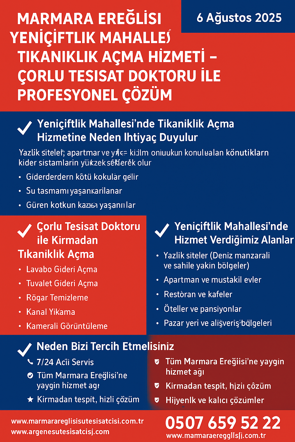 Marmara Ereğlisi Yeniçiftlik Mahallesi Tıkanıklık Açma Hizmeti – Çorlu Tesisat Doktoru ile Profesyonel Çözüm