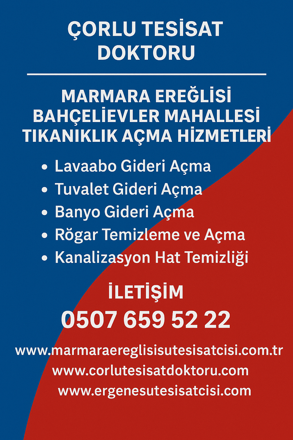 Çorlu Tesisat Doktoru – Marmara Ereğlisi Bahçelievler Mahallesi Tıkanıklık Açma Hizmetleri ✔️