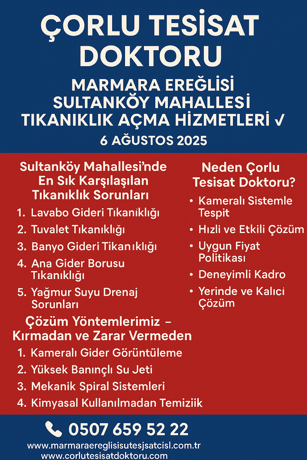 Çorlu Tesisat Doktoru – Marmara Ereğlisi Sultanköy Mahallesi Tıkanıklık Açma Hizmetleri ✔️