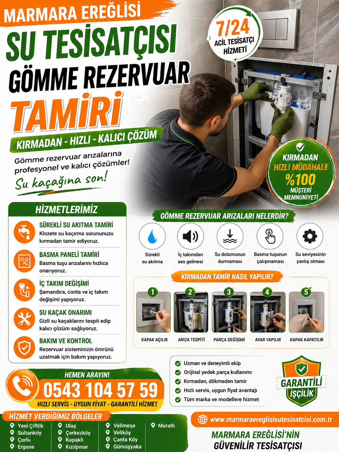Marmara Ereğlisi Su Tesisatçısı Gömme Rezervuar Tamiri Kırmadan Hızlı Servis 0543 104 57 59