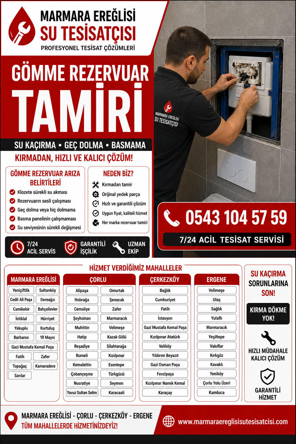 Marmara Ereğlisi Gömme Rezervuar Tamiri Su Kaçıran Sistemlere Noktasal Çözüm 0543 104 57 59