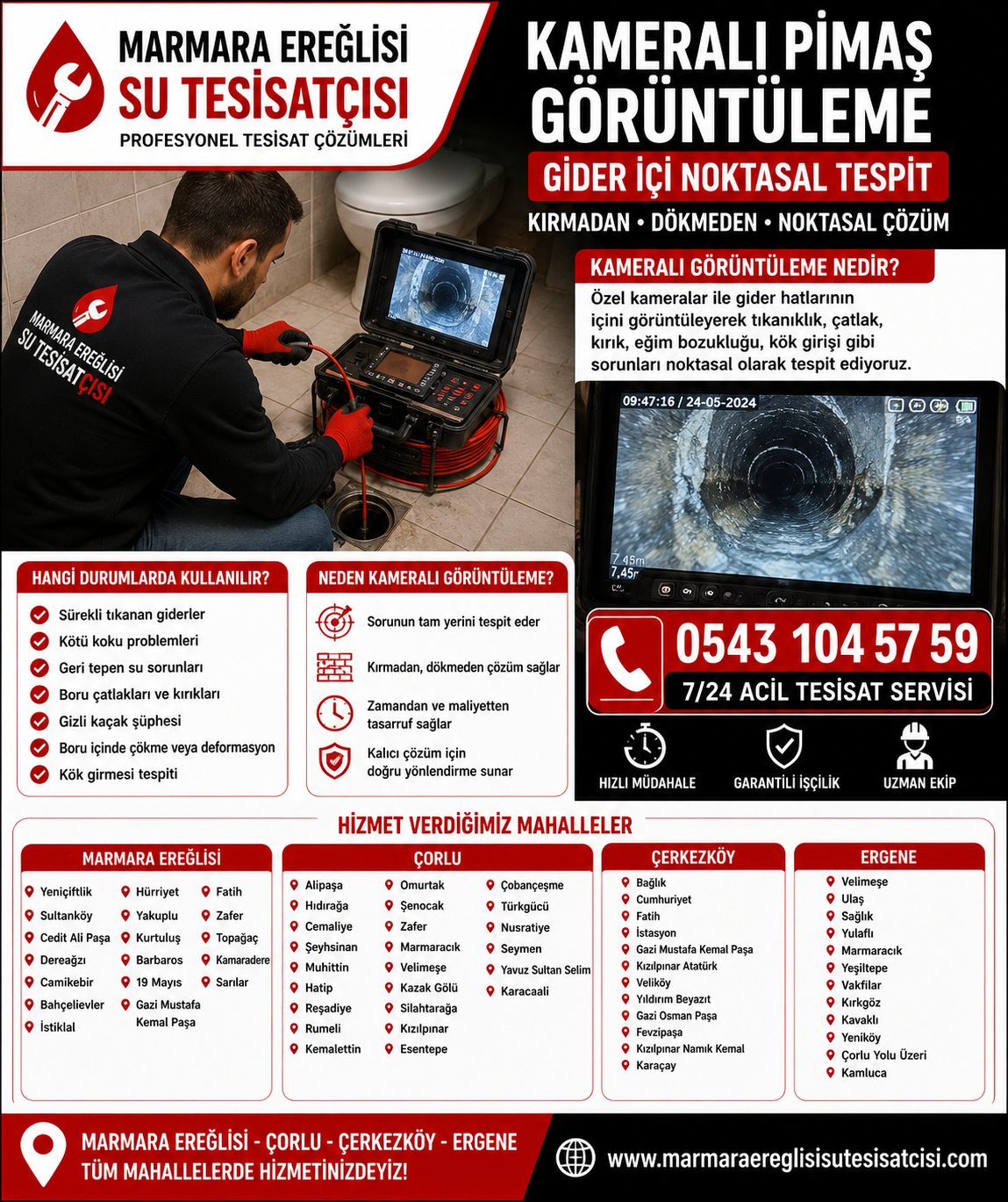 Marmara Ereğlisi Kameralı Pimaş Görüntüleme Gider İçi Noktasal Tespit 0543 104 57 59
