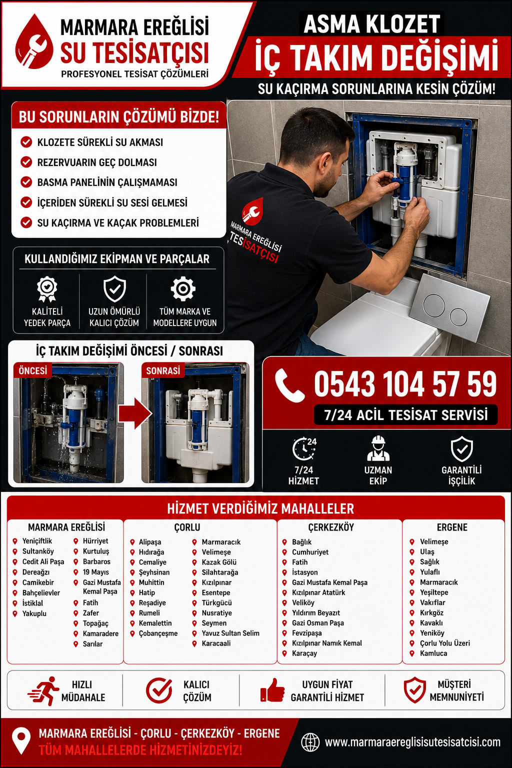 Marmara Ereğlisi Asma Klozet İç Takım Değişimi Su Kaçırma Sorunlarına Kesin Çözüm 0543 104 57 59