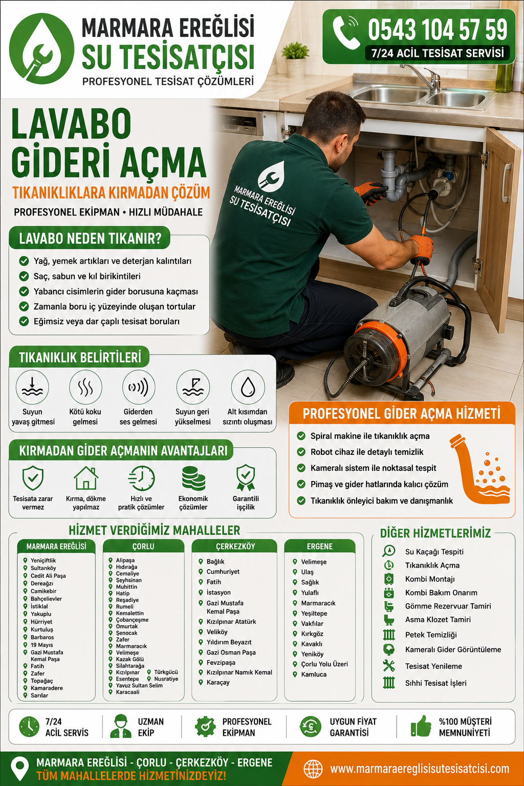 Marmara Ereğlisi Lavabo Gideri Açma Tıkanıklıklara Kırmadan Çözüm 0543 104 57 59