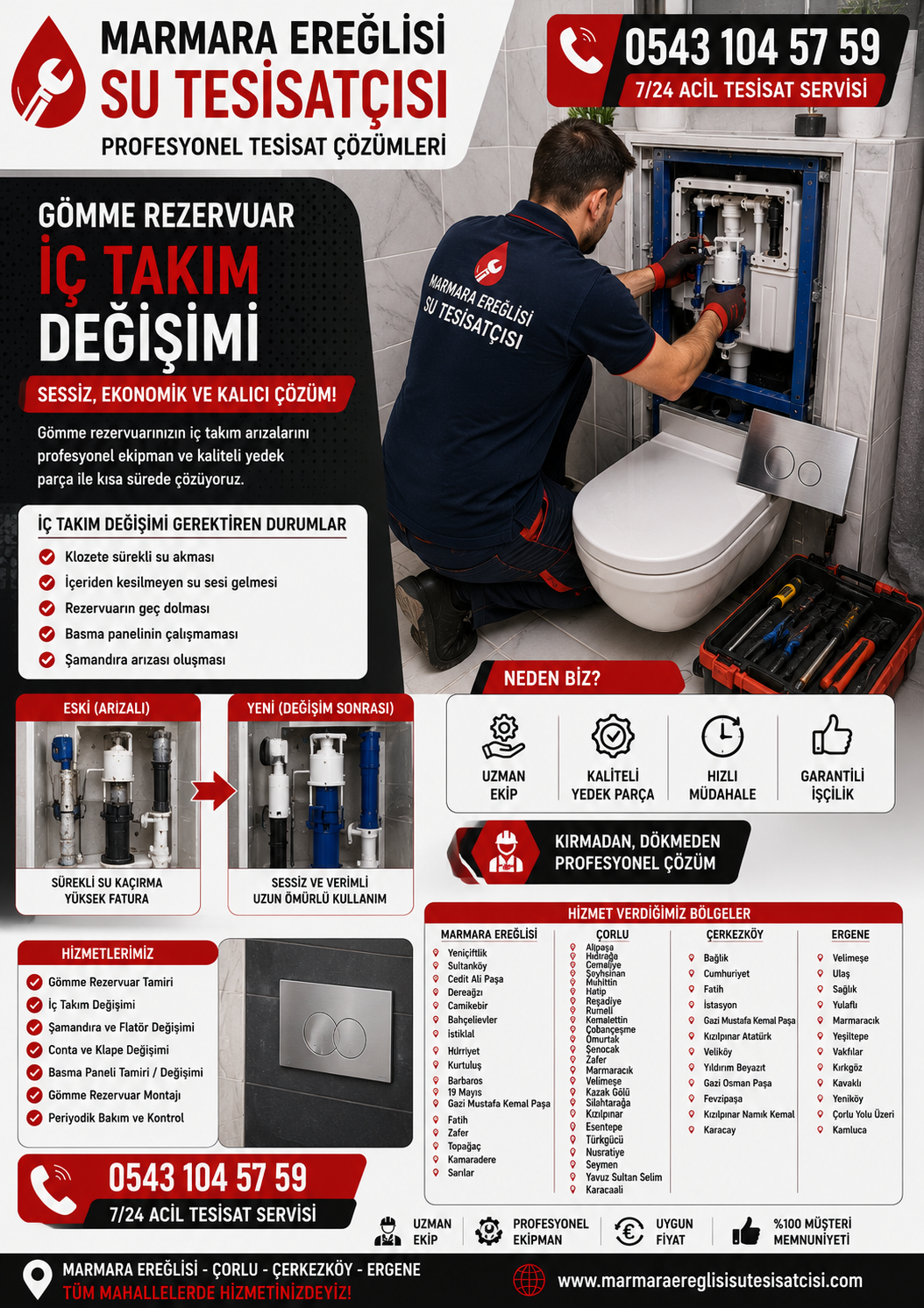 Marmara Ereğlisi Gömme Rezervuar İç Takım Değişimi Sessiz ve Sorunsuz Kullanım 0543 104 57 59